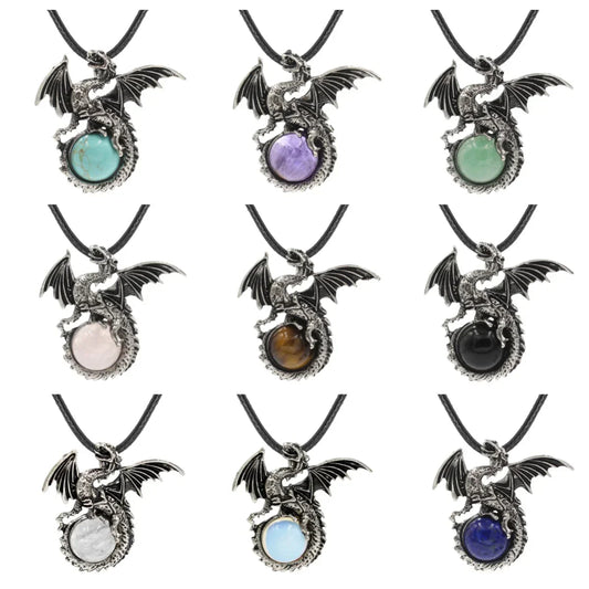 Chinese Dragon with Wings Gemstone Pendant – Healing Crystal Necklace with 45CM Black Cord